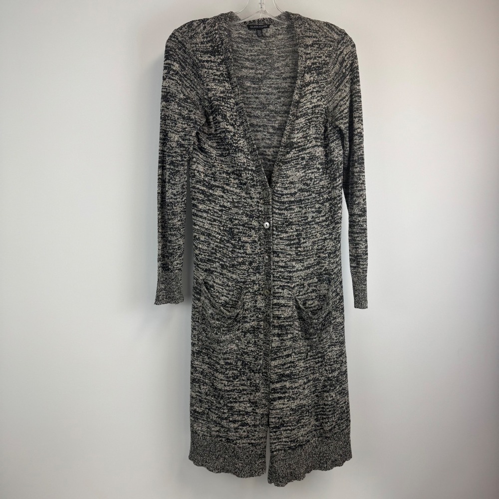 Eileen Fisher Small Silk Longline Cardigan Duster‎ Sweater Black White Marled